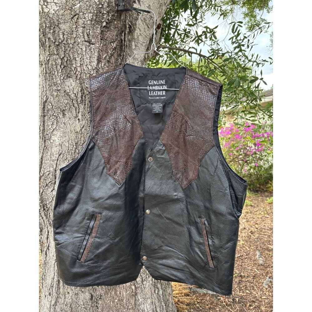 Navarre Leather Company Men's Lambskin Leather Vest Black/Brown 2XL Snap V-Neck